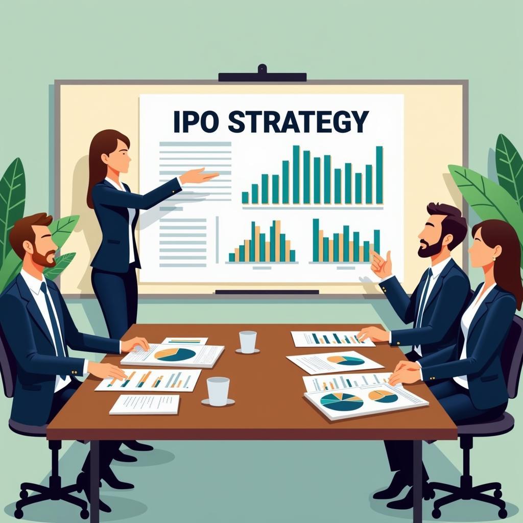 Hình ảnh minh họa cuộc họp bàn về chiến lược IPO, với các biểu đồ tài chính và kế hoạch kinh doanh.