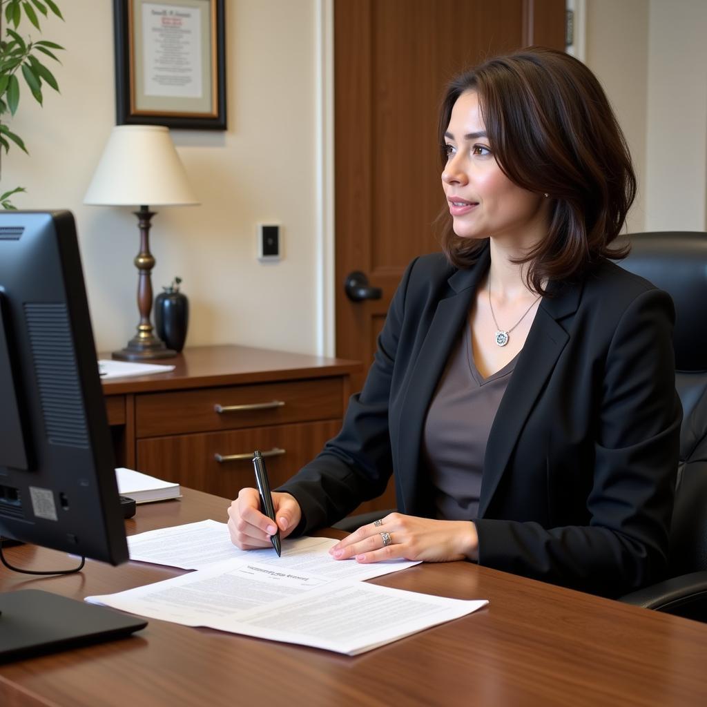 A representative from a notary public office is working diligently at their desk, reviewing documents and using a computer. The scene depicts a professional and organized workspace, highlighting the meticulous nature of their work.