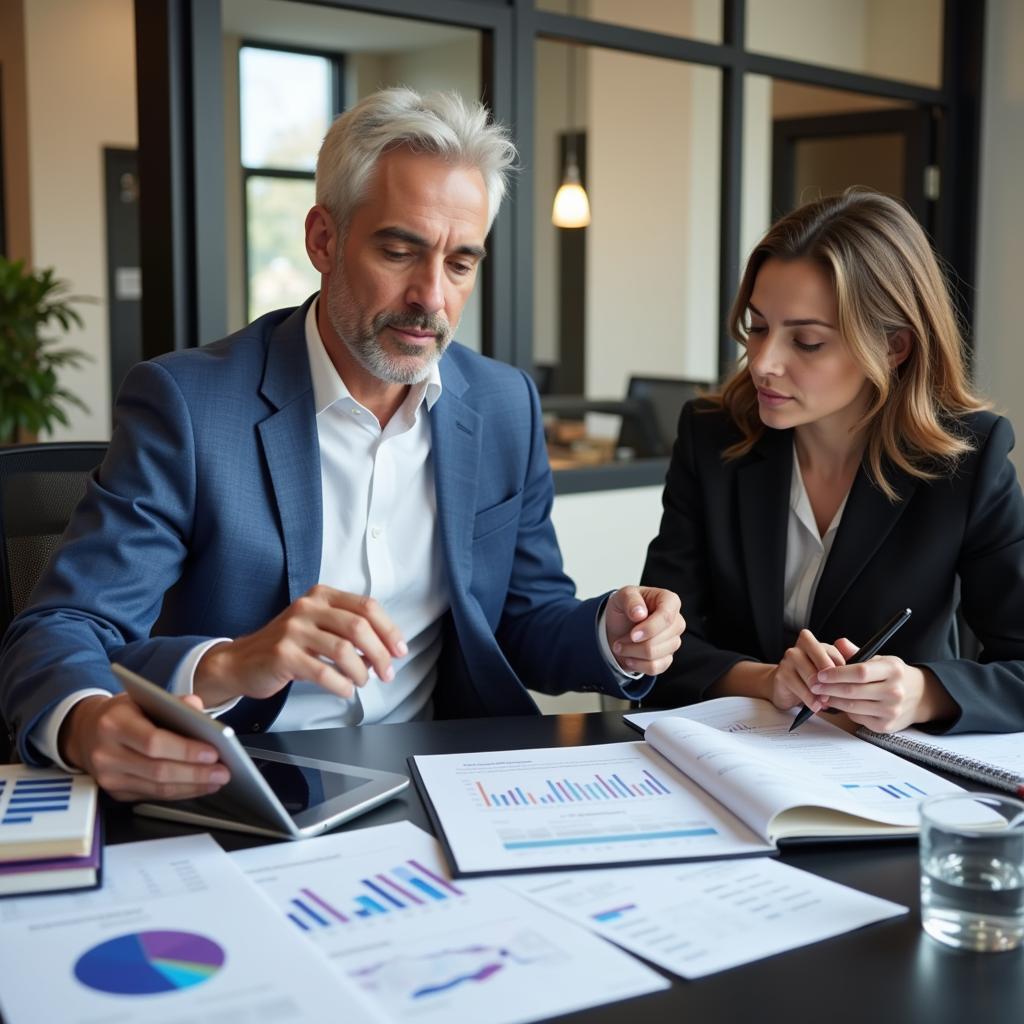 Investment advisor reviewing financial reports with a client.