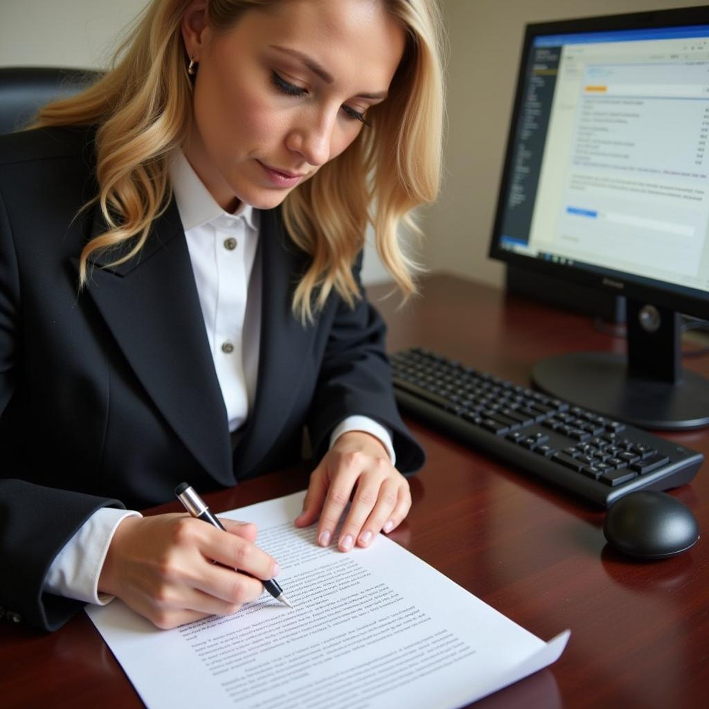 A notary public working diligently at their desk, reviewing documents and using a computer.