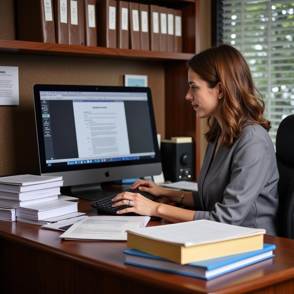 A secretary working diligently at a desk in a notary office, surrounded by legal documents and a computer.