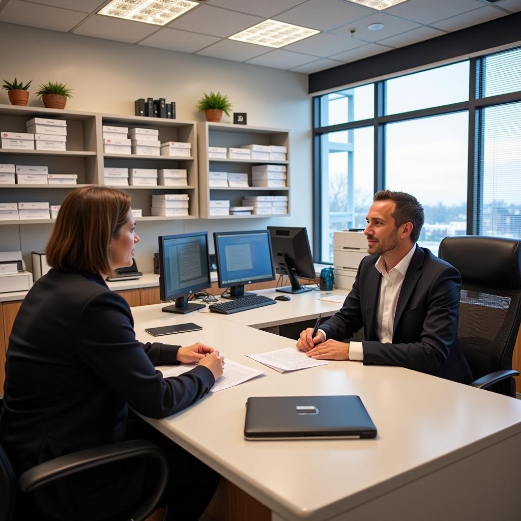 A modern and well-organized notary public office, equipped with computers, printers, and shelves full of legal documents, indicating a professional and trustworthy environment.