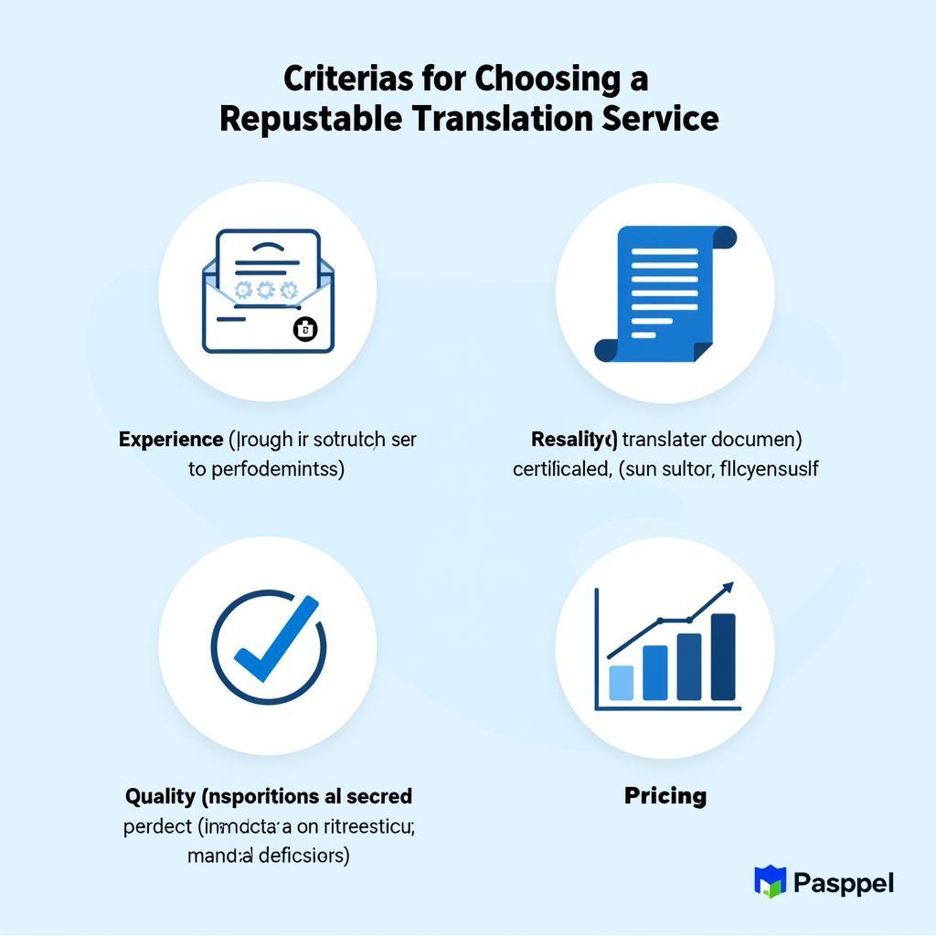 Tiêu chí lựa chọn dịch vụ dịch thuật - Hình ảnh minh họa về các tiêu chí lựa chọn dịch vụ dịch thuật công chứng, bao gồm kinh nghiệm, uy tín, chất lượng và giá cả.